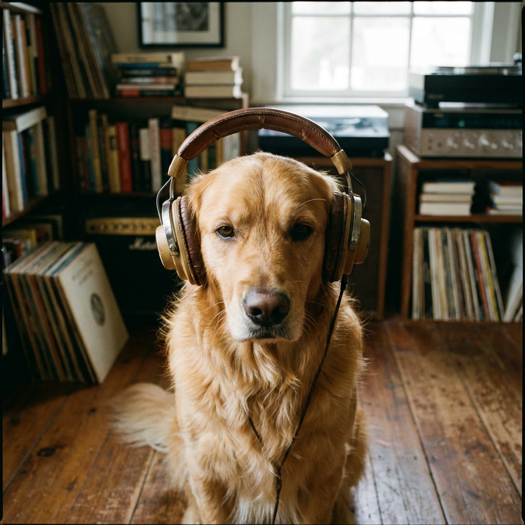 A golden retriever wearing large brown headphones in a room filled with books and vinyl records.