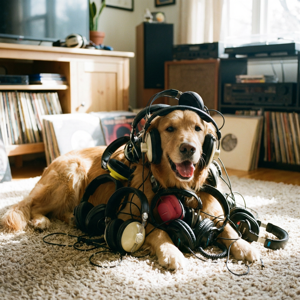 A golden retriever lies on a rug covered in numerous pairs of headphones in a living room.